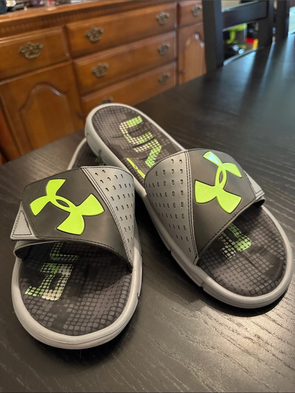 Under Armour Mens Gray Slides with Neon Green Logo